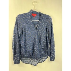 Jennifer Lopez Blouse Women's Sz XS Navy Blue Sheer Long Sleeve Faux Wrap Hi Low